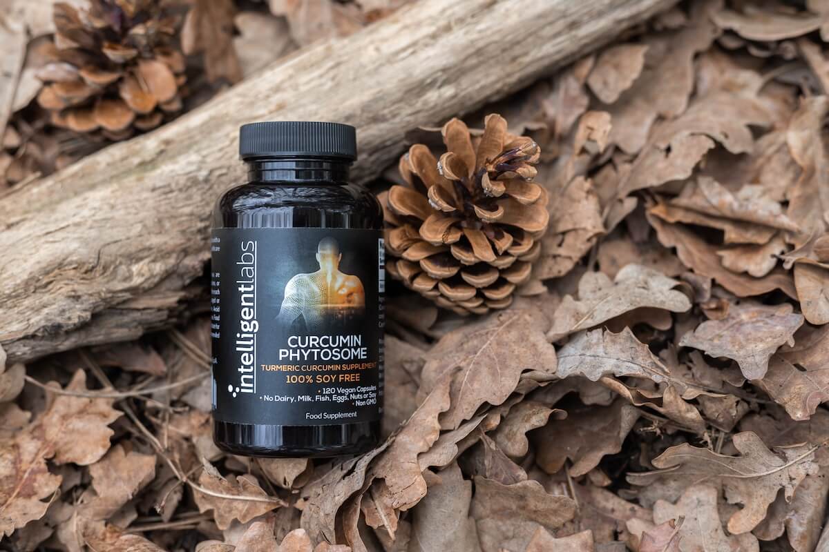 bottle of curcumin phytosome on forest floor