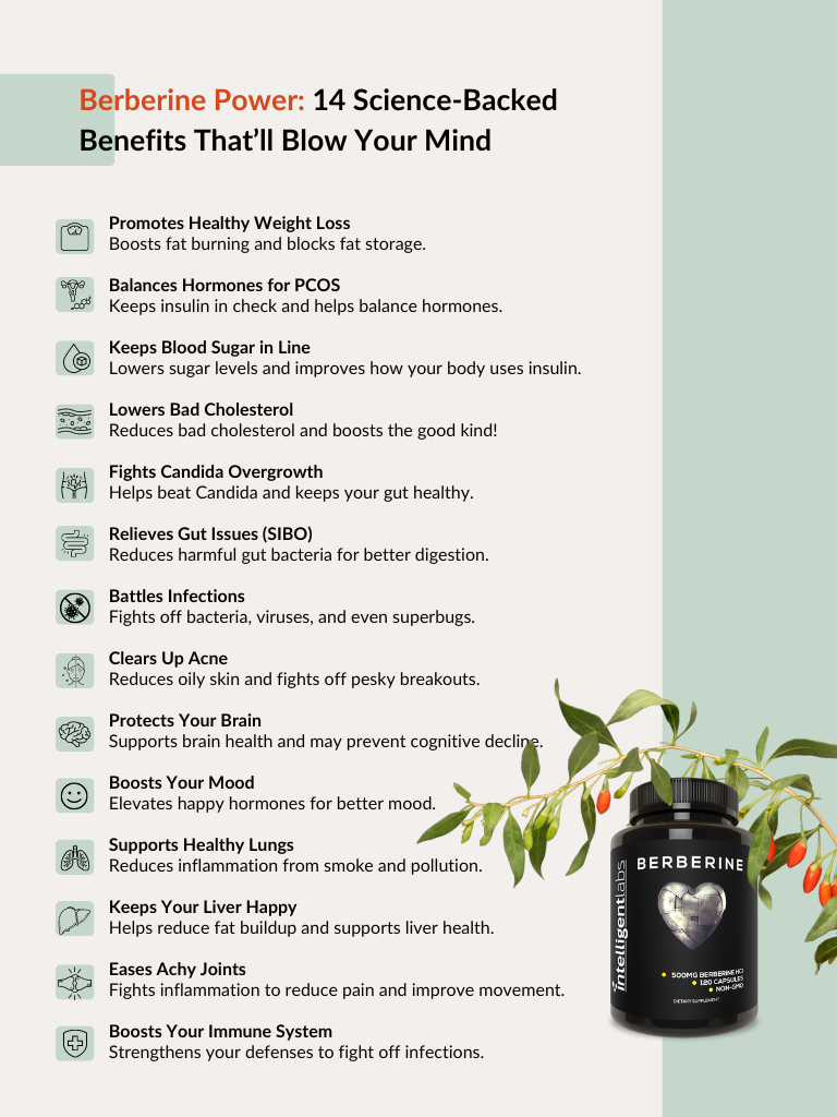 infographic on 14 science-backed benefits of berberine supplements
